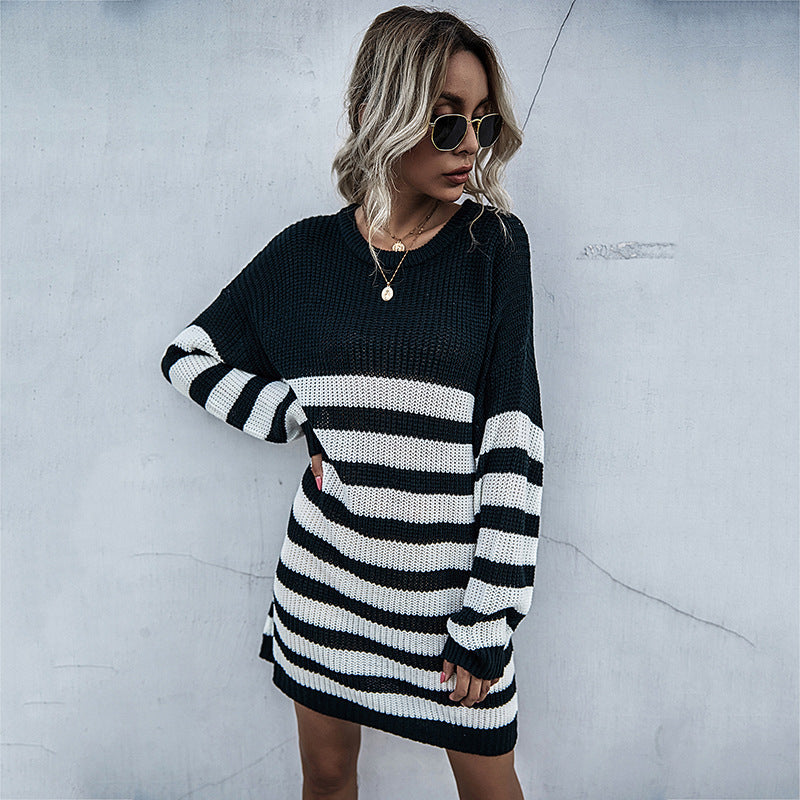 LOVECCR popular autumn and winter New 2025 striped knitted sweater women's loose lazy style medium and long thick needle sweater skirt