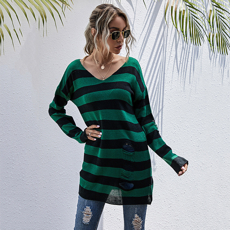 LOVECCR Popular, 2025, New medium and long thin v-neck striped sweater women's popular autumn ripped long-sleeved knitted sweater