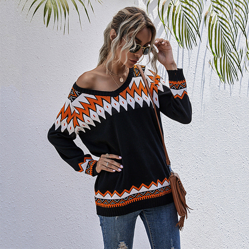 LOVECCR sweater women's pullover v-neck loose casual style contrasting top 2025 knitted sweater new autumn and winter