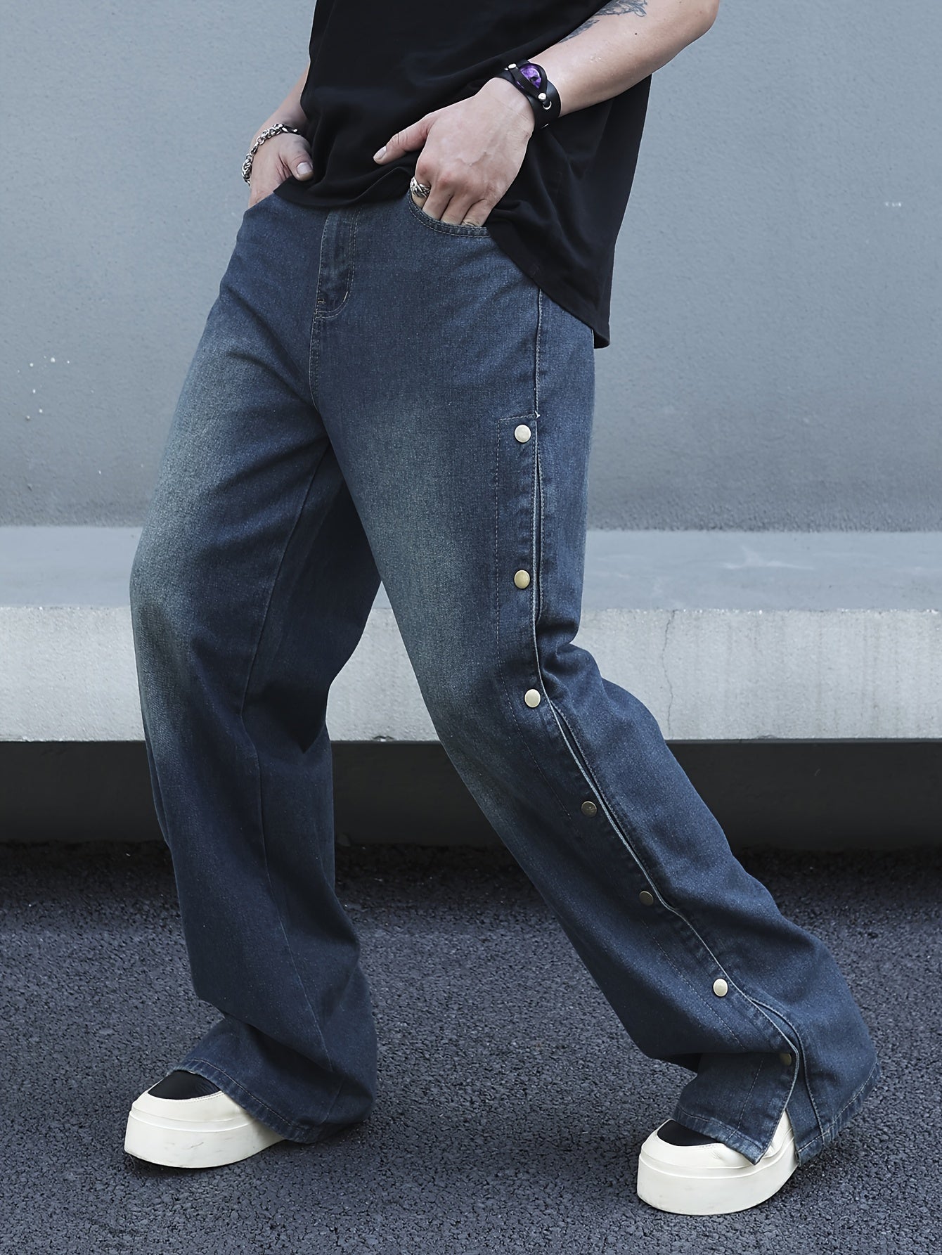 Men's Comfy Loose Fit Wide Leg Jeans - Stylish Fancy Button Detail, Soft Denim, Breathable, Street Style Fashion, Perfect for Casual Daily Wear