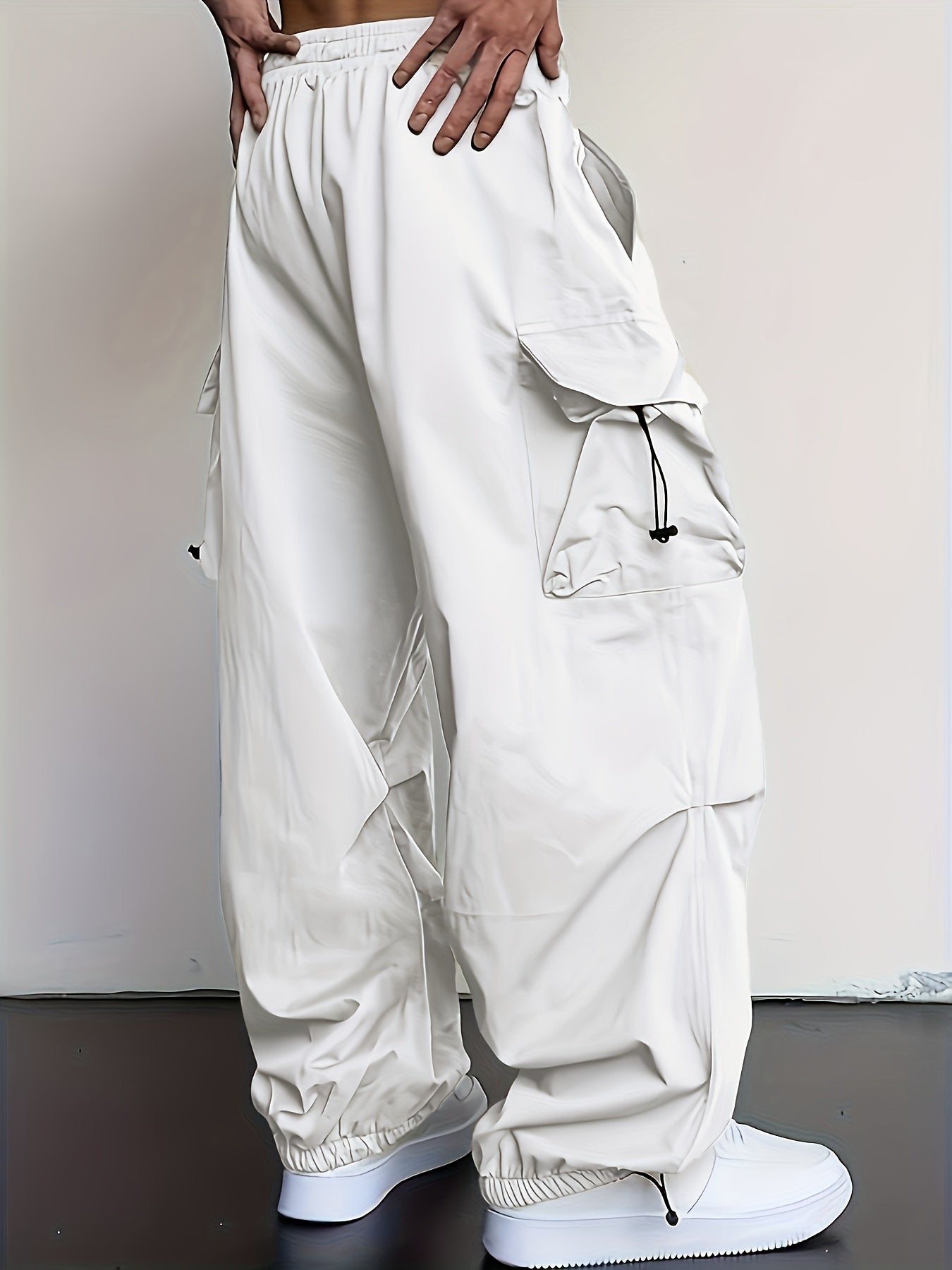 Men's Solid Color Baggy Cargo Pants With Drawstrings, Multi-pocket Casual Stylish Outdoor Trousers As Gift