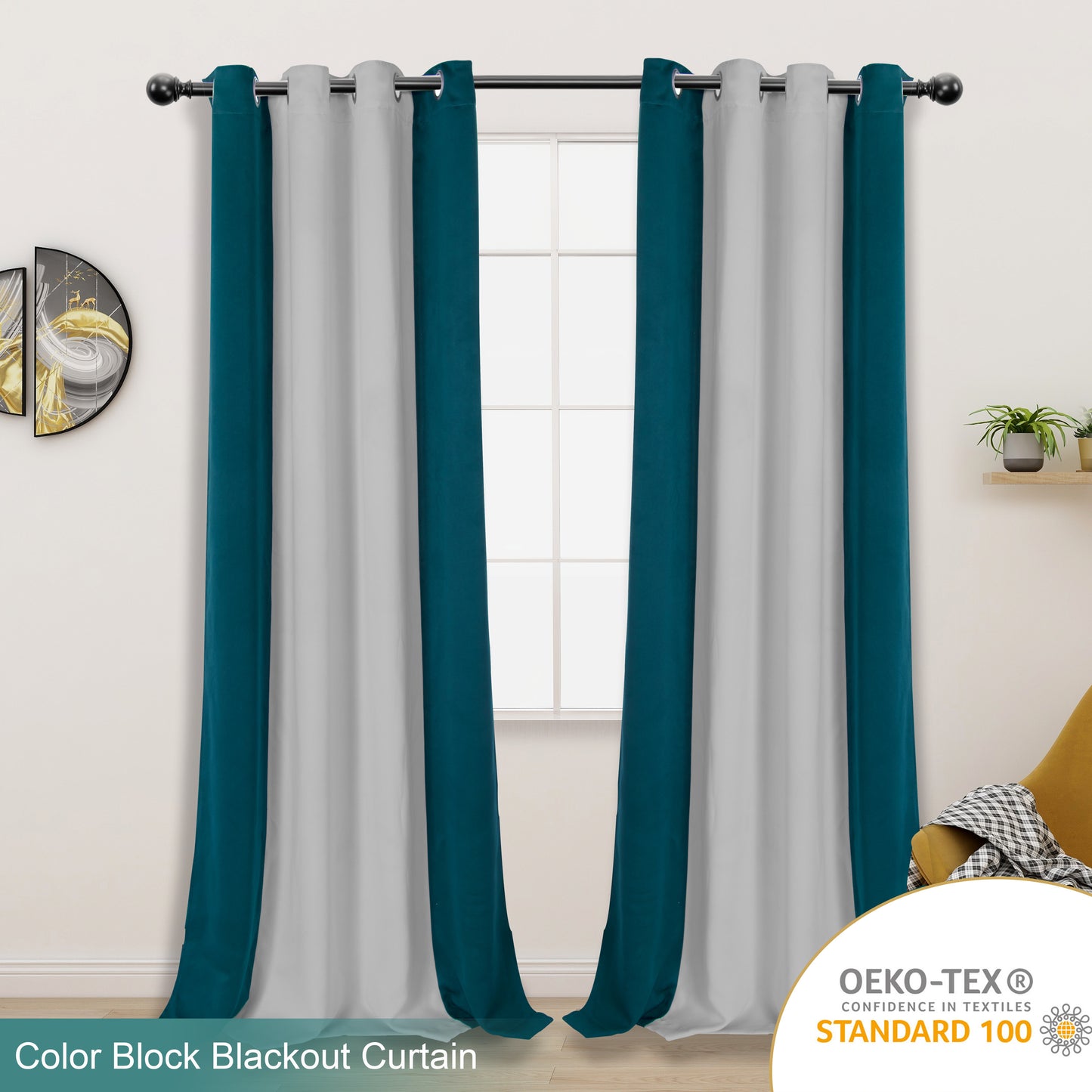 1pc Stylish Double Color Block Blackout Curtains for Living Room and Bedroom - Perfect for Room Decor and Home Decor
