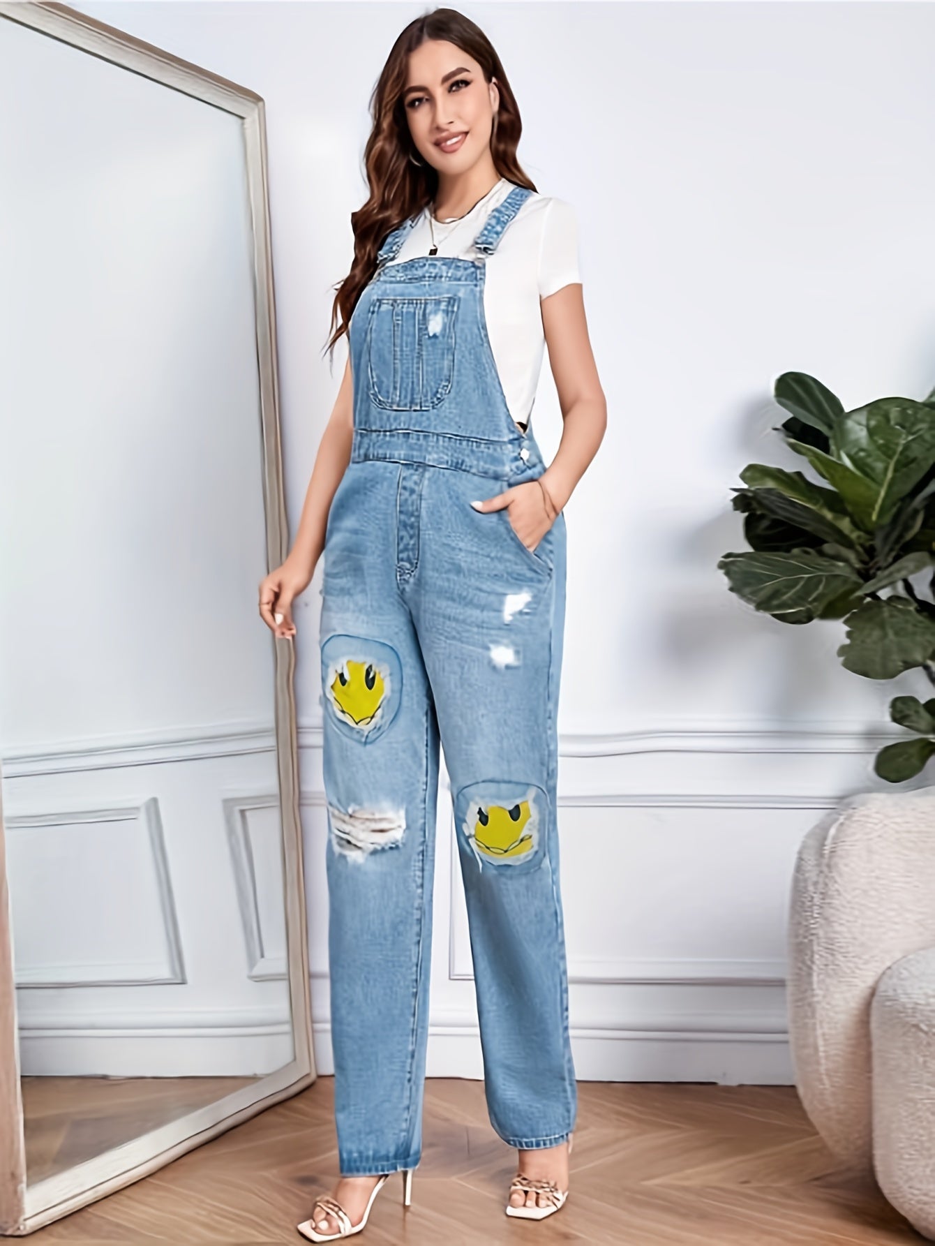 Smiling Face Patchwork Denim Jumpsuit, Ripped Holes Slant Pockets Casual Denim Overall, Women's Denim Clothing