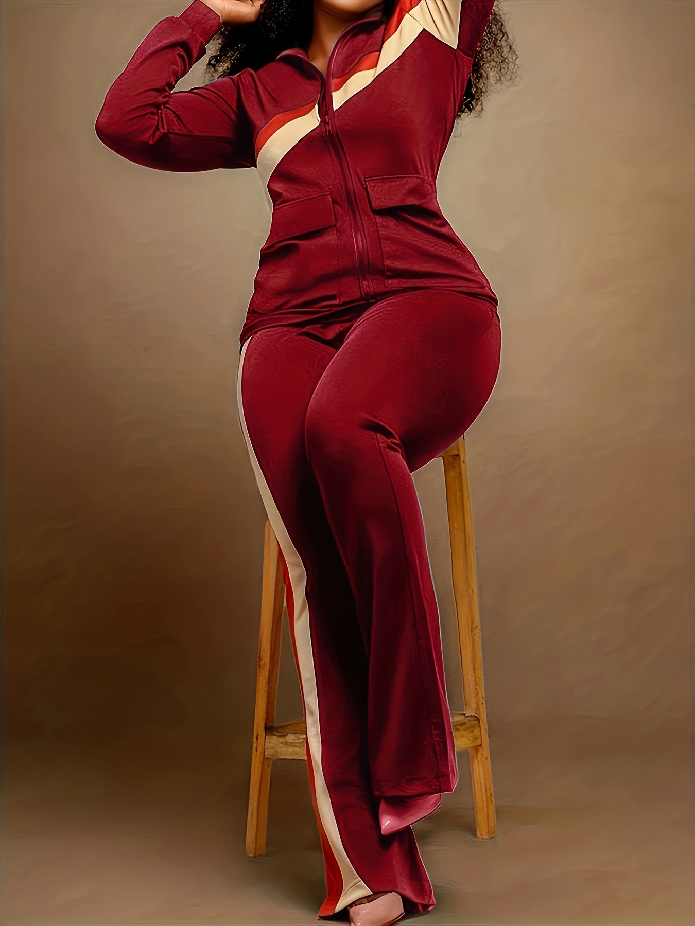 Spring/Fall Chic Stripe Set: Easy-Care Zip Jacket & Relaxed Wide-Leg Pants, Casual Retro Style