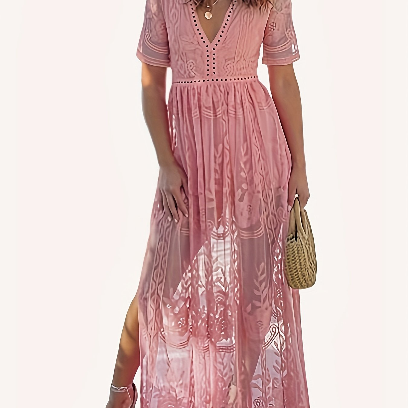 Romantic Lace Plunge Neck A-line Dress - Flirty Short Sleeves, Adjustable Split Hem for Spring & Summer Vacations - Womens Chic Casual Wear