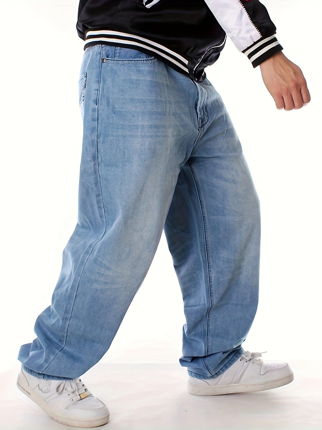 Men's Loose Solid Denim Trousers With Pockets, Causal Cotton Blend Jeans For Outdoor Activities