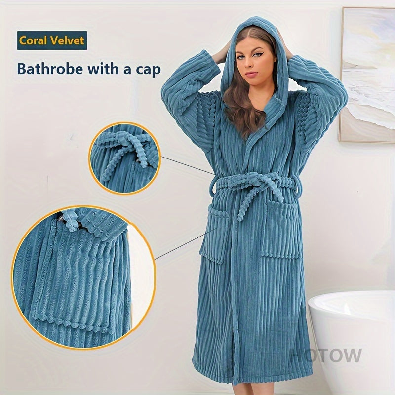 Super Soft Coral Velvet Hooded Bathrobe, Unisex Winter Warm Robe, Polyester & Polyamide Blend, Absorbent, Casual Knit Long Robe with Hood & Pockets, Machine Washable, Universal Space Theme, for Autumn & Winter - 350gsm Towel Fabric