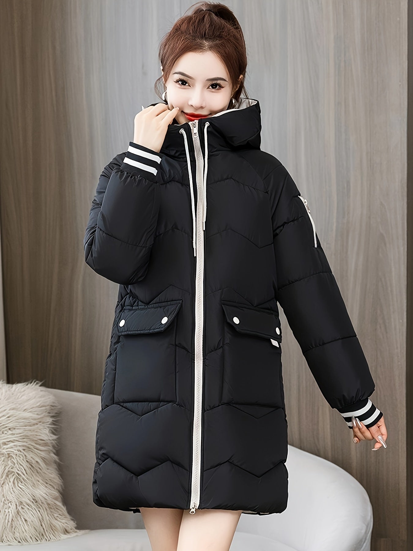 Midi Length Raglan Sleeve Hooded Jacket - Contrast Trim Zipper Front, Flap Pockets, Long Sleeve, Solid Color, Machine Washable, Casual Polyester Outerwear - Womens Clothing