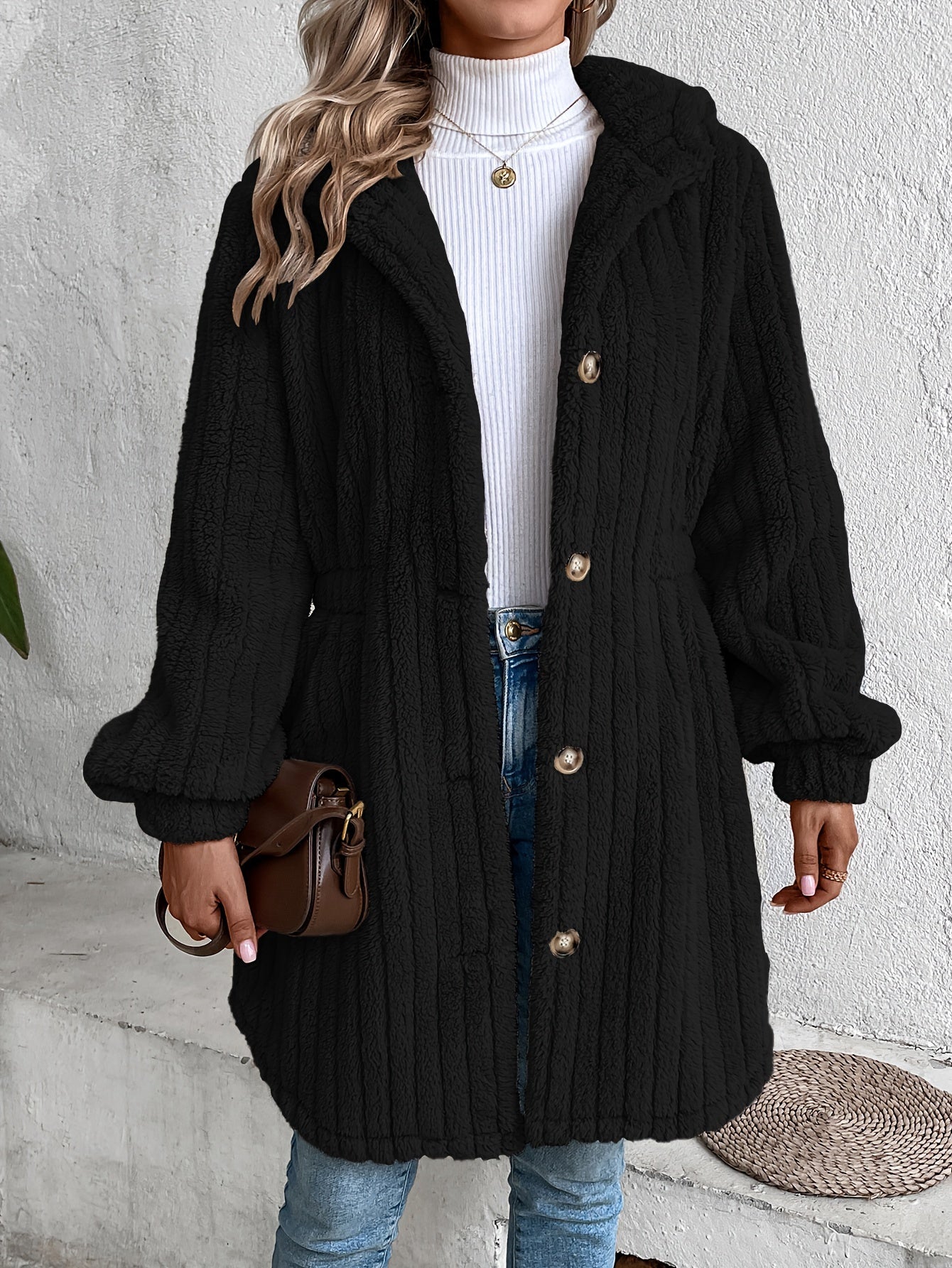 Winter Essential: Chic & Cozy Hooded Teddy Coat for Women - Durable, Easy-Care, Knit Fabric in Solid Color