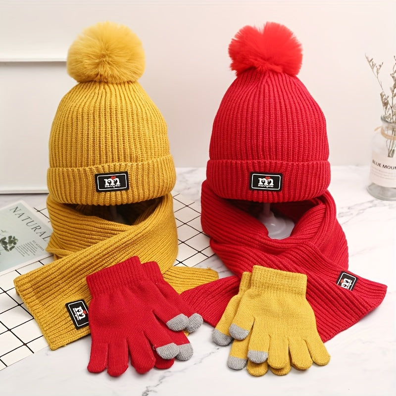 Winter Beanie Scarf Glove Set - 3 Piece Knitted Warm Accessories Kit, Elastic Polyester & Cotton Blend, Crafted Beanie with Pom Pom Detail, Cozy Knit Gloves - Unisex Cold Weather Gear