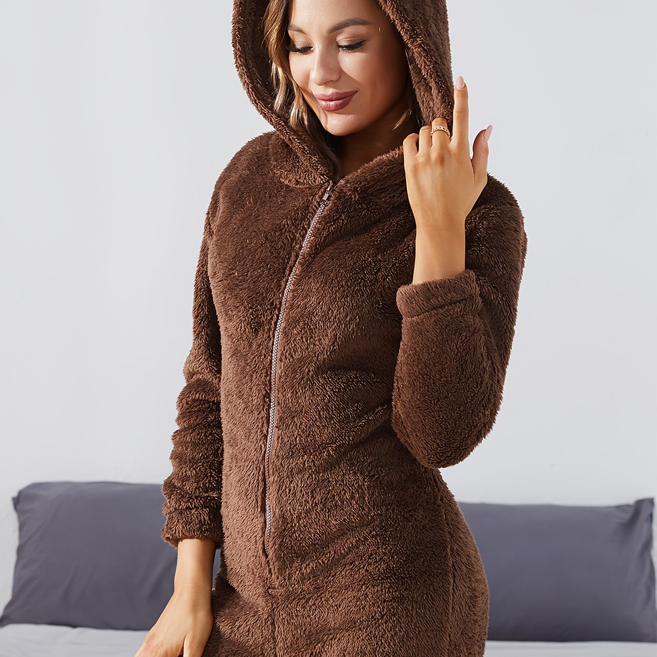 Solid Fuzzy Hooded Jumpsuit For Music Festival, Long Sleeve Zip Up Pajamas, Women's Sleepwear & Loungewear