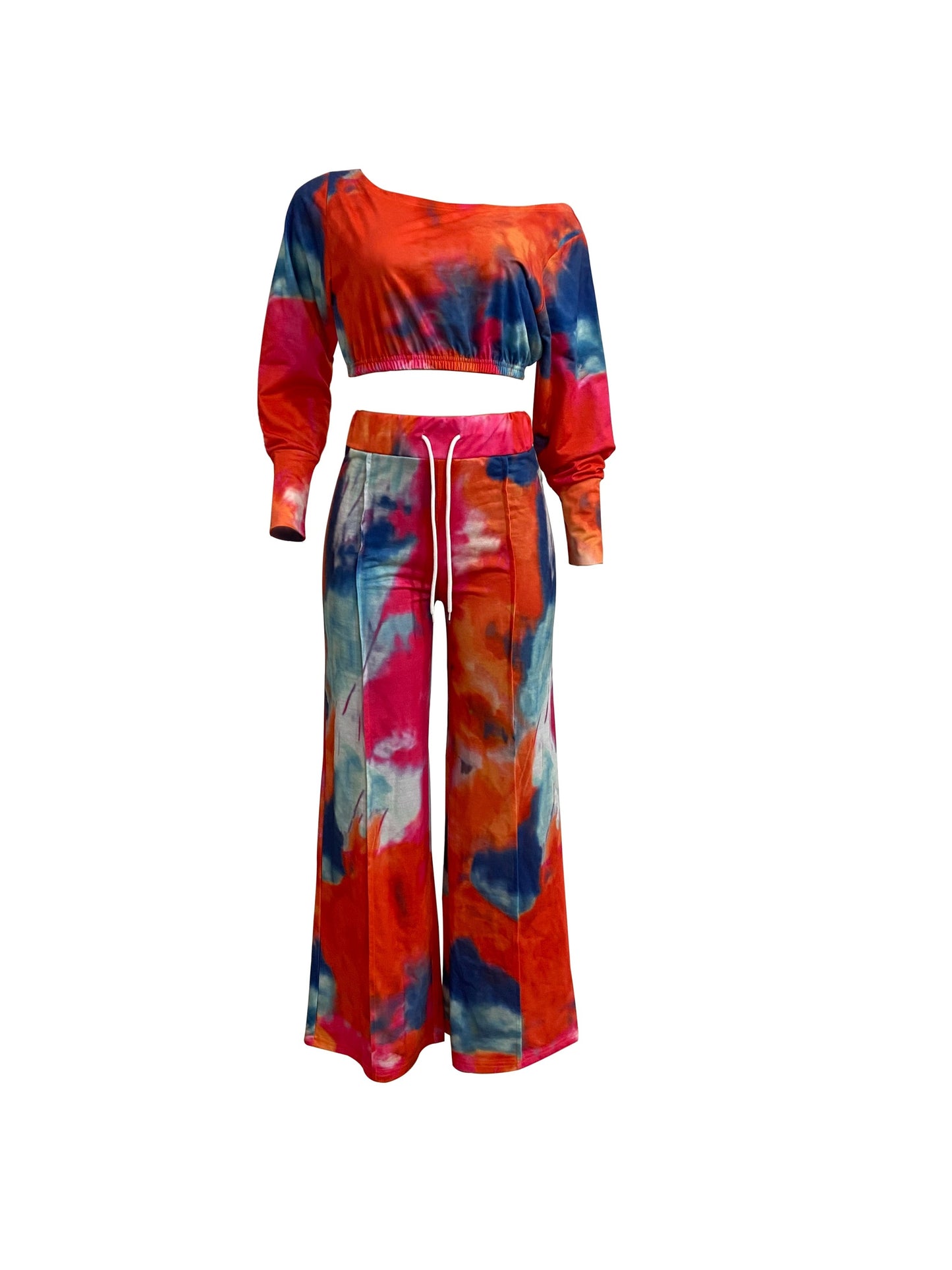 Trendy Tie Dye Two-piece Outfit Set - Soft Long Sleeve Crop Top & Adjustable Drawstring Pants - Casual, Comfortable, and Flattering Womens Clothing