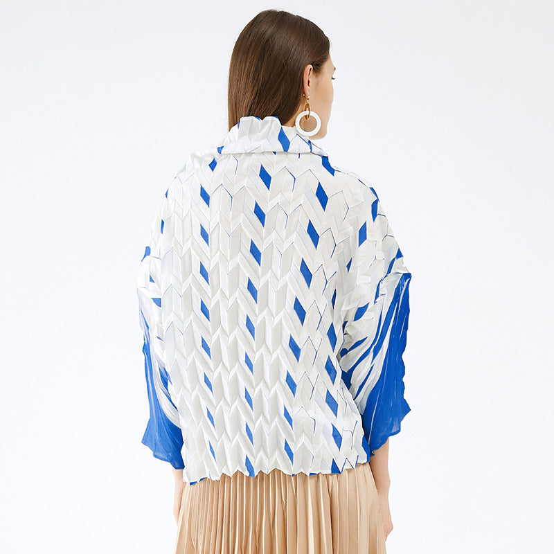 Miyake spring new Korean version plaid pleated pile collar pullover sweater women's loose casual long-sleeved top