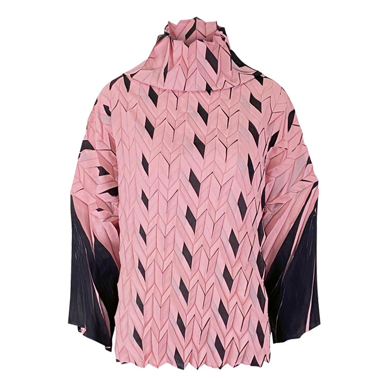 Miyake spring new Korean version plaid pleated pile collar pullover sweater women's loose casual long-sleeved top