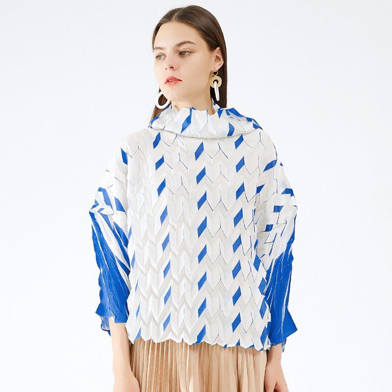 Miyake spring new Korean version plaid pleated pile collar pullover sweater women's loose casual long-sleeved top