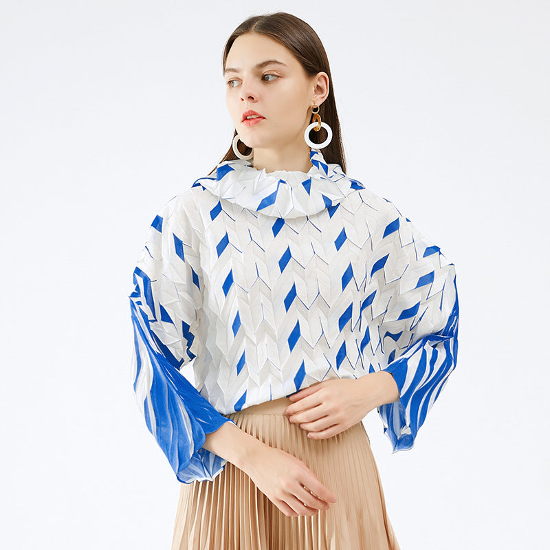 Miyake spring new Korean version plaid pleated pile collar pullover sweater women's loose casual long-sleeved top