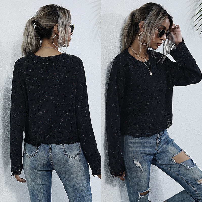 LOVECCR popular New Popular trade round neck color dot knitted sweater long sleeve pullover casual simple top women's autumn
