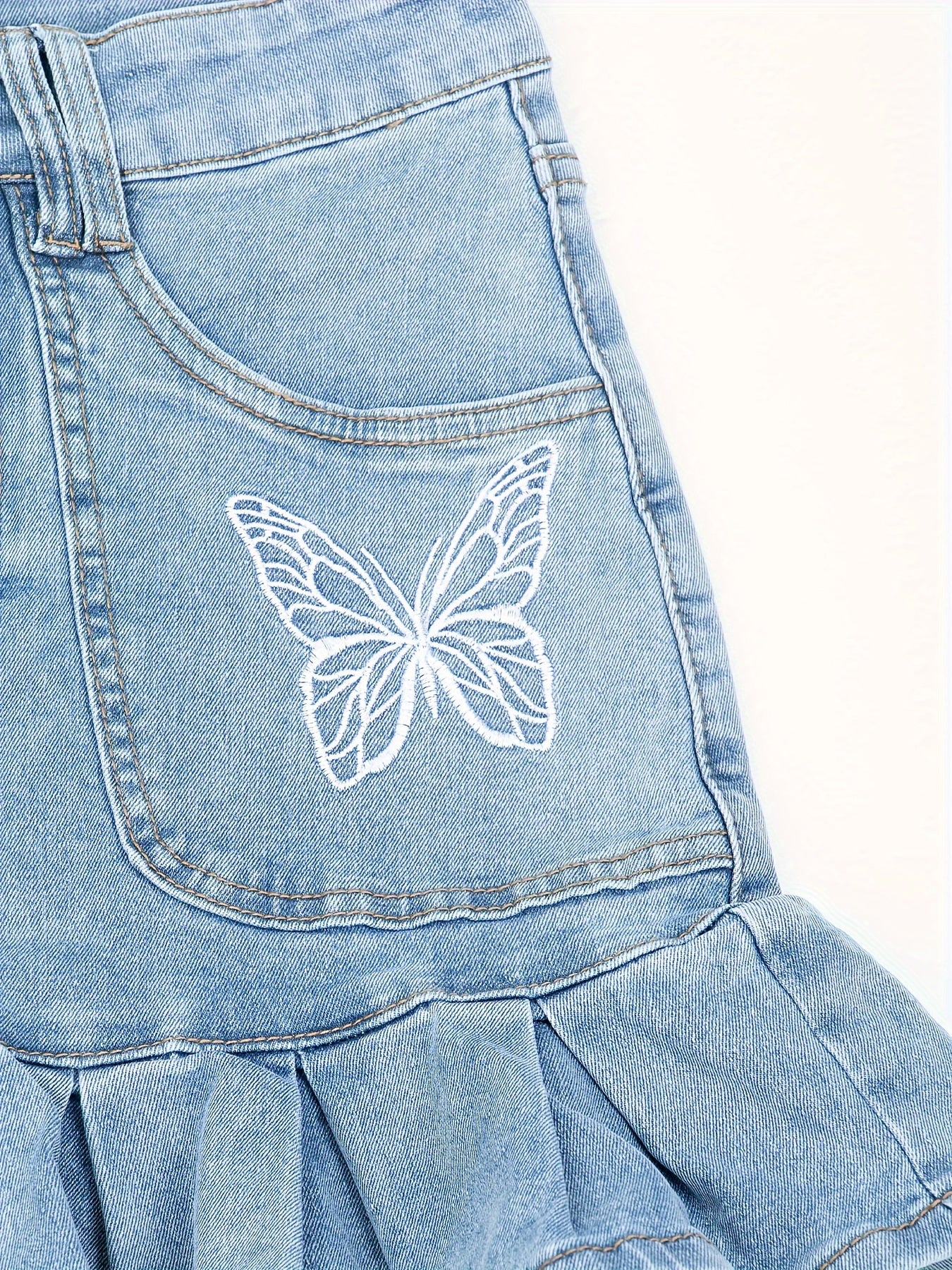 Feminine Embroidered Butterfly Denim Skirt - Stylish High-Waist Mini Skirt with Fluttery Ruffles & Comfortable Fit - Perfect for Summer Fashionistas