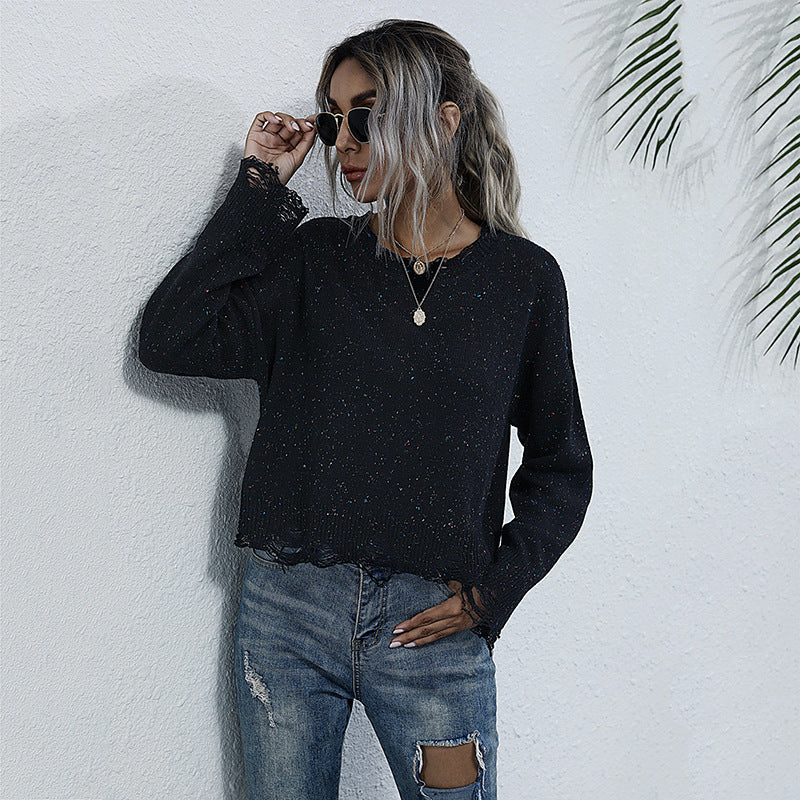 LOVECCR popular New Popular trade round neck color dot knitted sweater long sleeve pullover casual simple top women's autumn