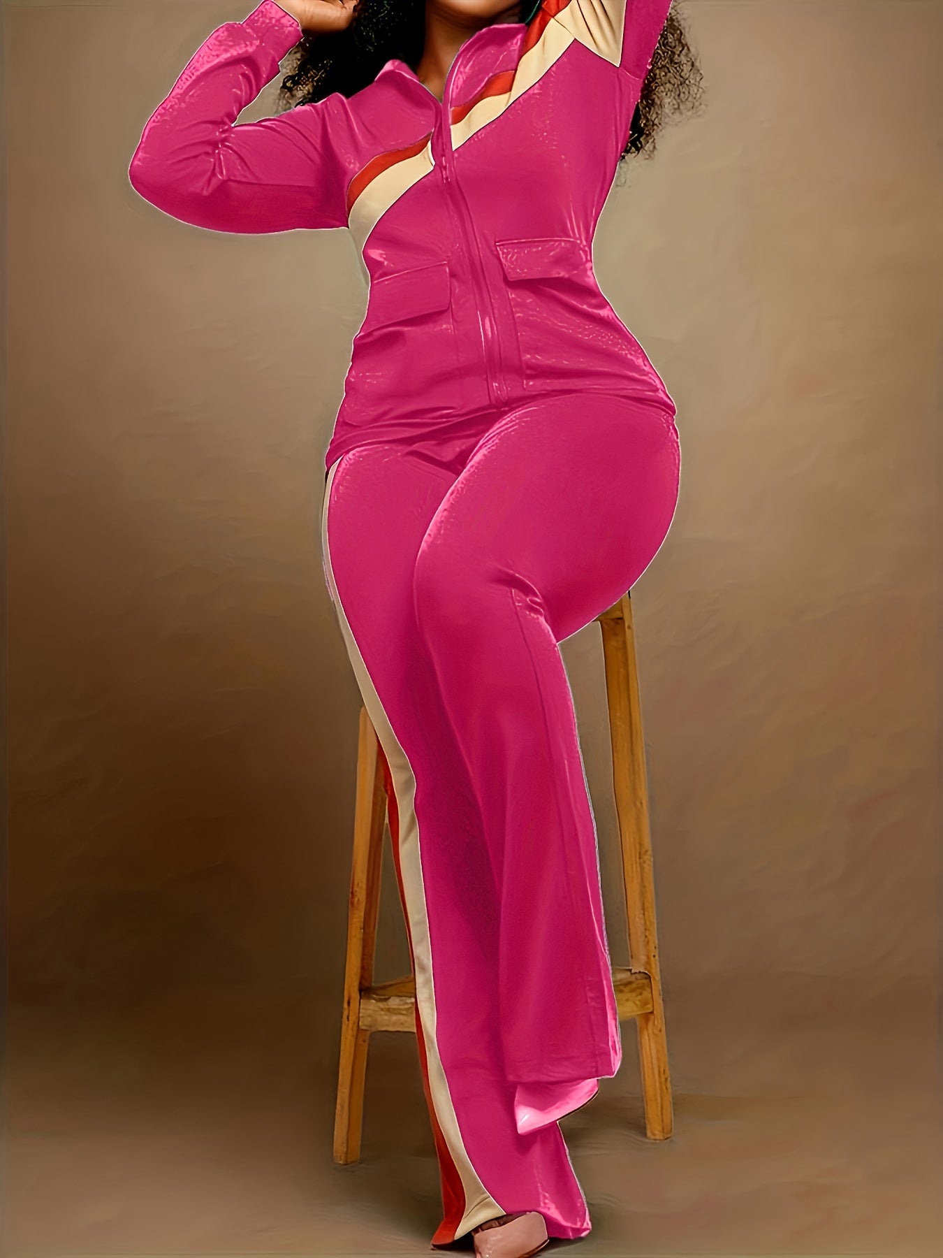 Spring/Fall Chic Stripe Set: Easy-Care Zip Jacket & Relaxed Wide-Leg Pants, Casual Retro Style