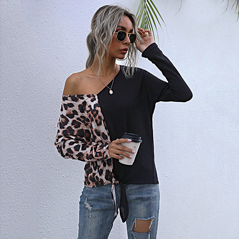 LOVECCR popular autumn 2025 sexy splicing leopard print v-neck bottoming shirt t-shirt female New Popular trade top wholesale
