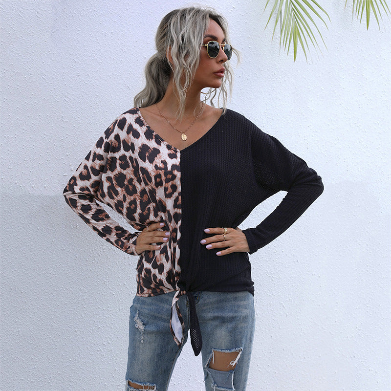 LOVECCR popular autumn 2025 sexy splicing leopard print v-neck bottoming shirt t-shirt female New Popular trade top wholesale