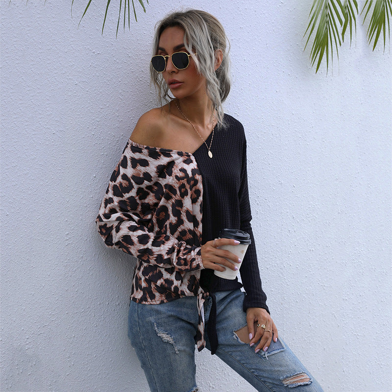 LOVECCR popular autumn 2025 sexy splicing leopard print v-neck bottoming shirt t-shirt female New Popular trade top wholesale