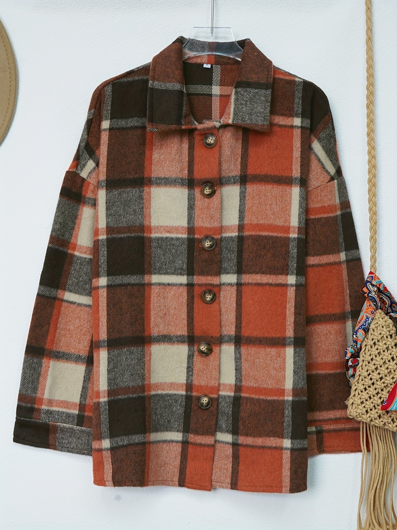 Plaid Shacket with Lapel Collar - Soft Slight Stretch Tweed Fabric, Loose Fit, Micro Elasticity, Random Printing, Perfect for Fall & Winter - Womens Casual Long Sleeve Bomber Jacket