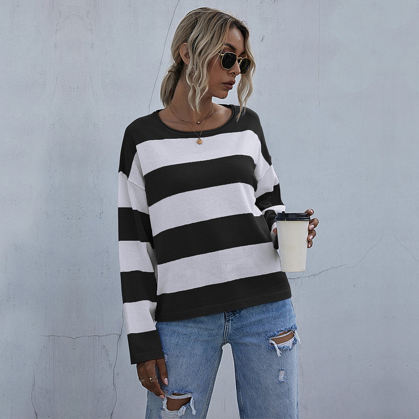 LOVECCR popular autumn independent station New 2025 fashion women's clothing crew neck Korean long-sleeved striped knitted sweater
