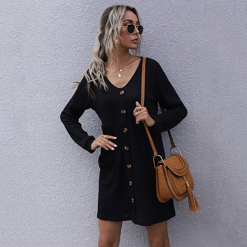 LOVECCR New popular autumn and winter Popular and 2025 loose long-sleeved slim-fitting solid color v-neck knitted sweater dress women