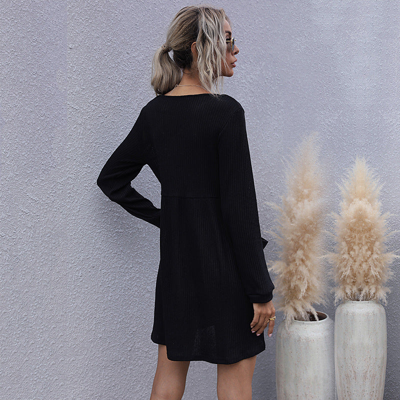 LOVECCR New popular autumn and winter Popular and 2025 loose long-sleeved slim-fitting solid color v-neck knitted sweater dress women