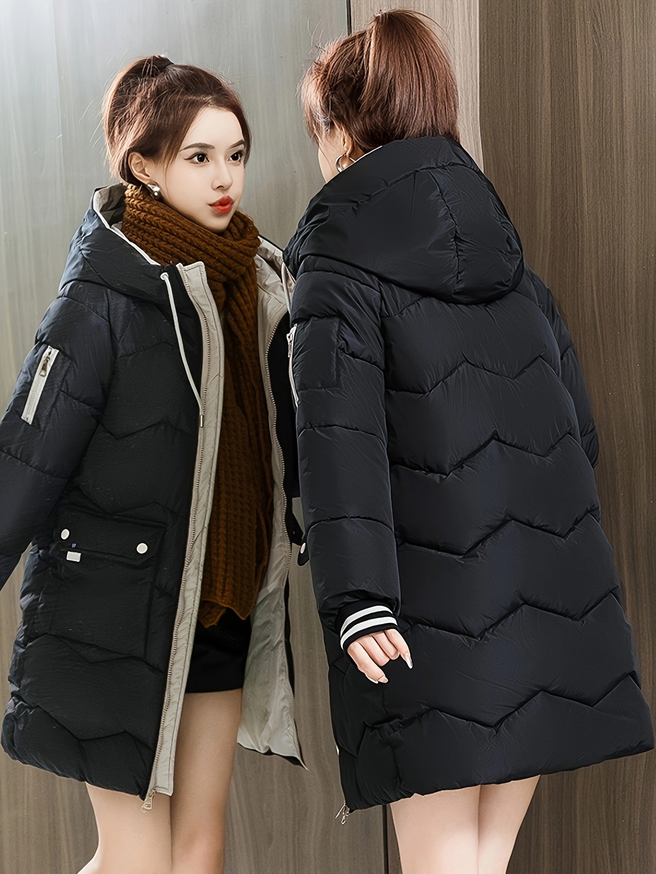 Midi Length Raglan Sleeve Hooded Jacket - Contrast Trim Zipper Front, Flap Pockets, Long Sleeve, Solid Color, Machine Washable, Casual Polyester Outerwear - Womens Clothing