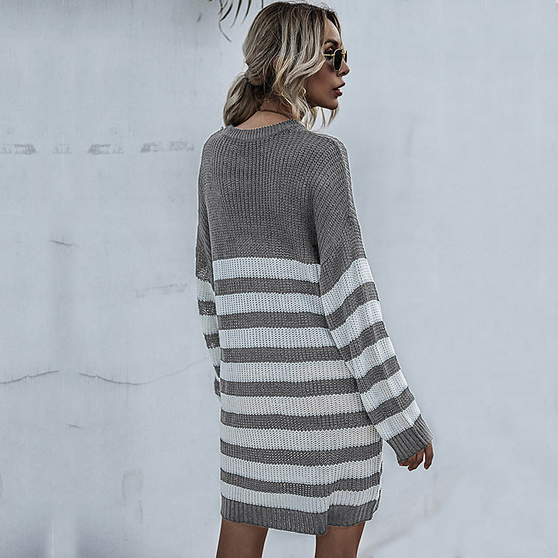LOVECCR popular autumn and winter New 2025 striped knitted sweater women's loose lazy style medium and long thick needle sweater skirt