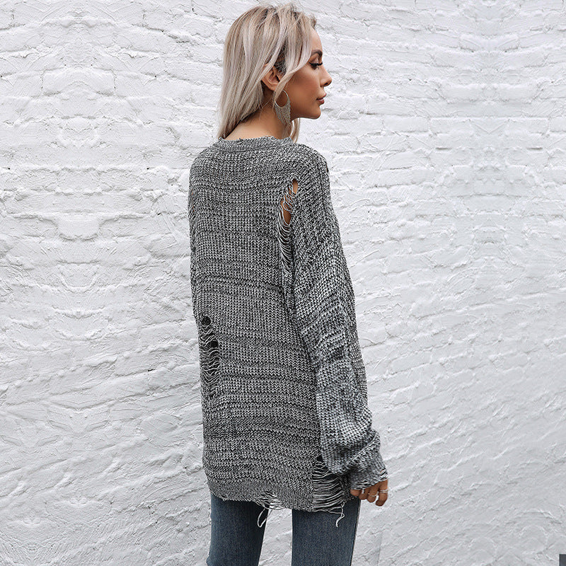 LOVECCR autumn and winter 2025 crew neck loose knitting popular new medium and long ripped sweater Guangzhou Popular trade