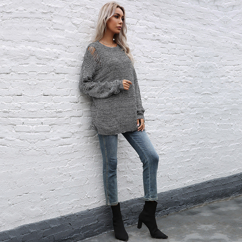 LOVECCR autumn and winter 2025 crew neck loose knitting popular new medium and long ripped sweater Guangzhou Popular trade