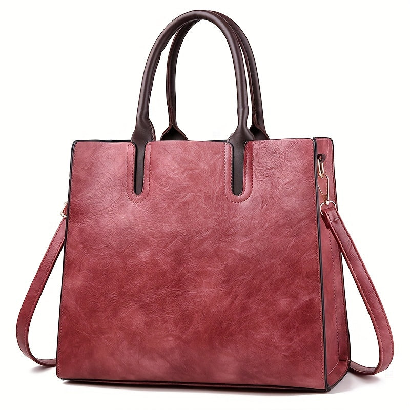 Women's Vintage Commuter Tote Bag New Soft Leather Fashion Tote, PU Material, Zipper Closure, Waxed Edges, Available in Red, Black, Pink, Beige, Grey, Green - No Included Components