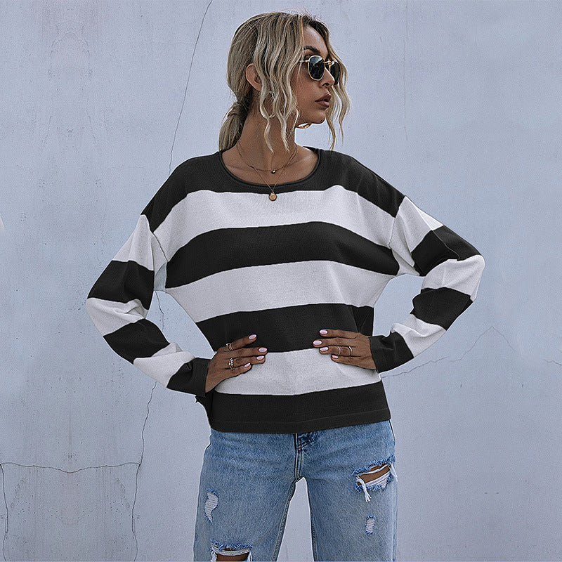 LOVECCR popular autumn independent station New 2025 fashion women's clothing crew neck Korean long-sleeved striped knitted sweater