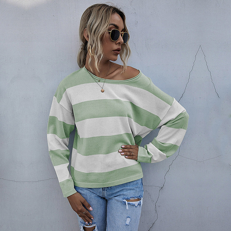 LOVECCR popular autumn independent station New 2025 fashion women's clothing crew neck Korean long-sleeved striped knitted sweater