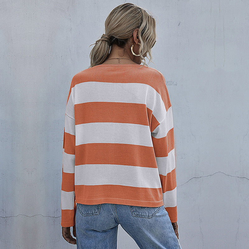LOVECCR popular autumn independent station New 2025 fashion women's clothing crew neck Korean long-sleeved striped knitted sweater