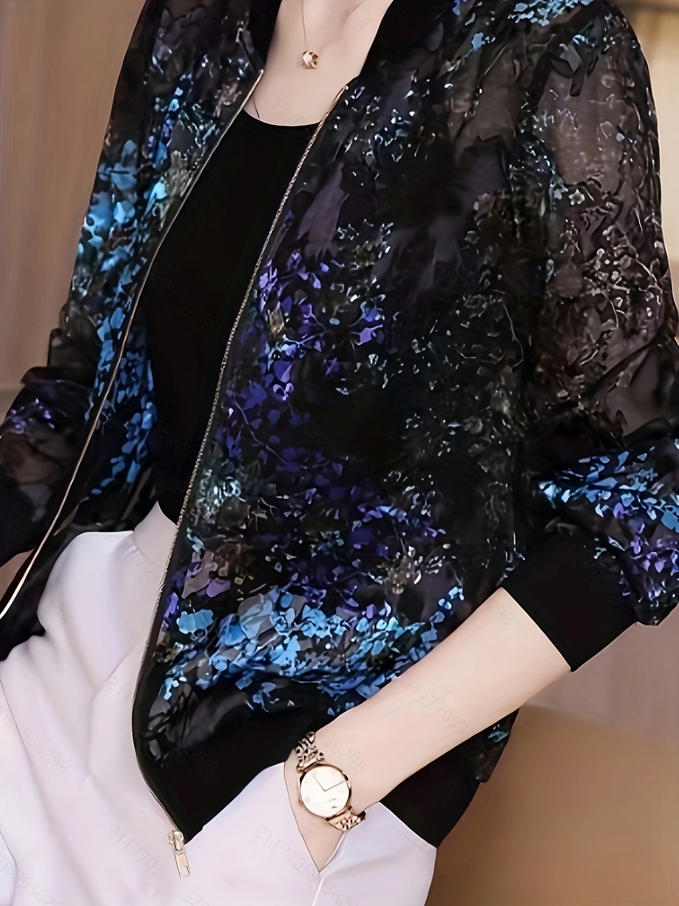 Stylish Floral Print Zipper Jacket - Water-Resistant, Long Sleeve, Elegant Outwear for Spring & Fall Seasons - Women's Fashion Clothing for Casual Daily Wear