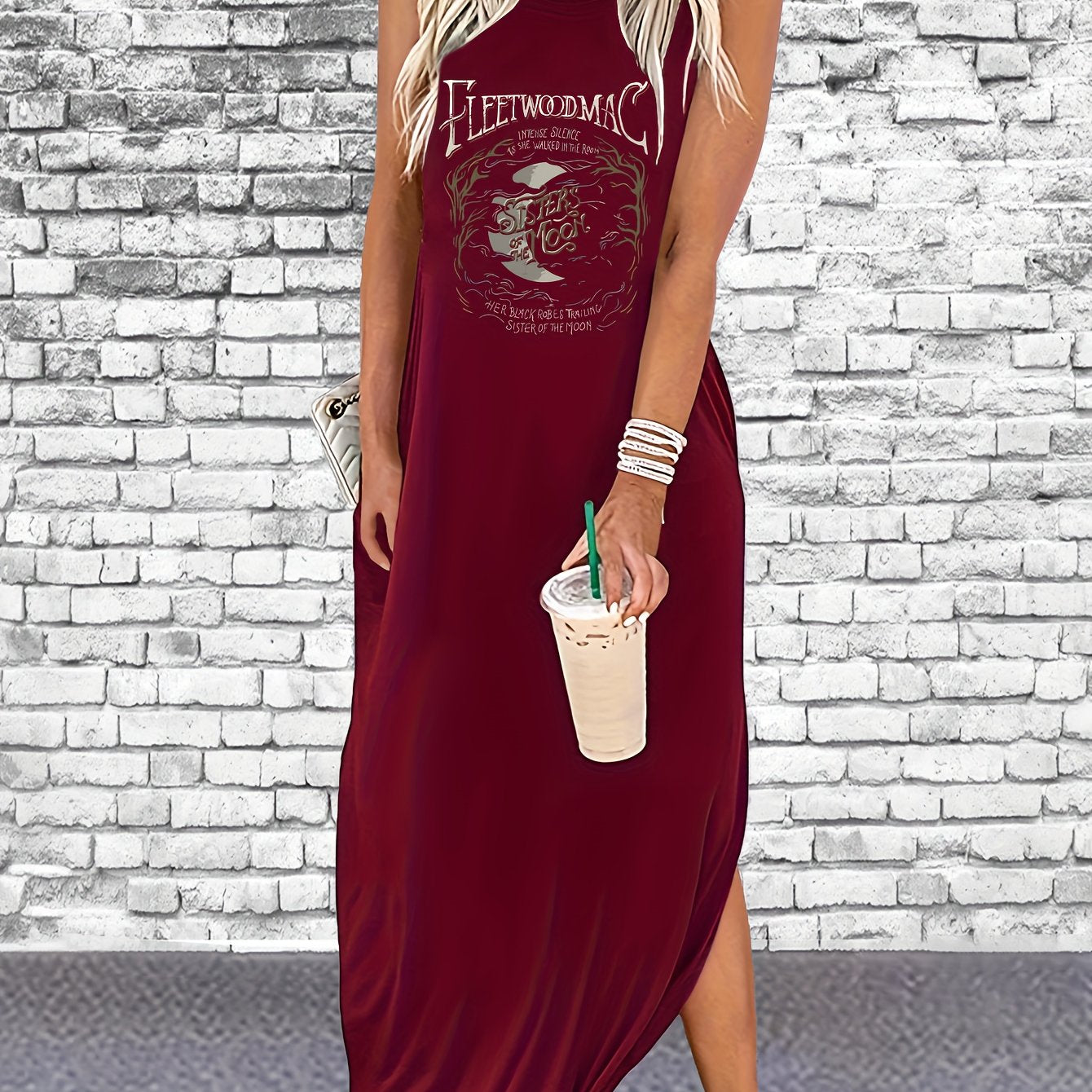 Fleet Wood Mac Print Sleeveless Tee Dress, Casual Tank Dress For Spring & Summer, Women's Clothing