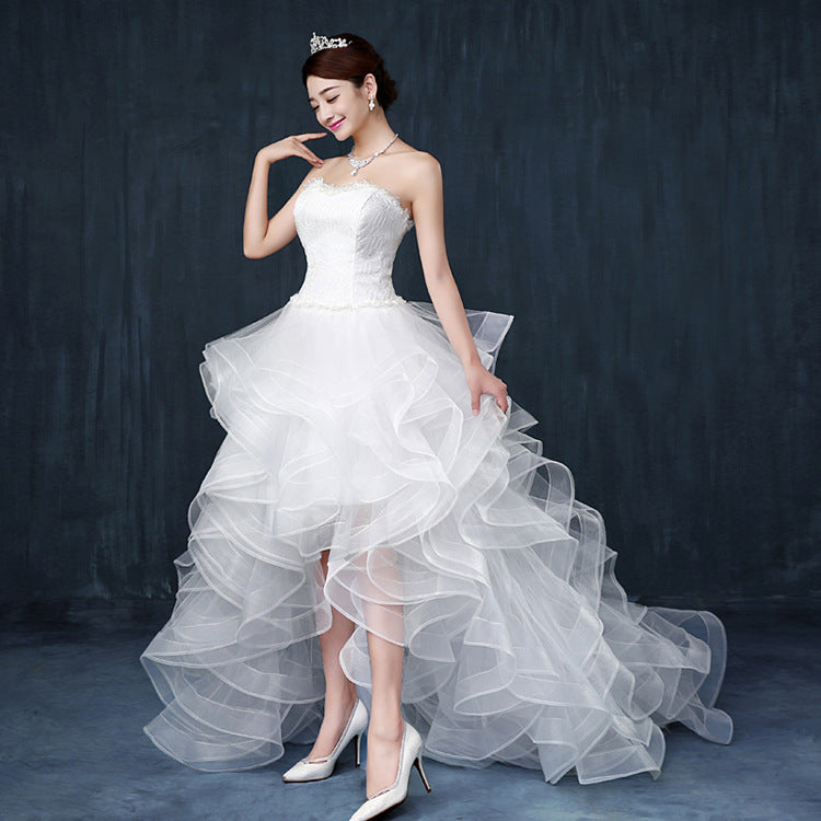 LOVECCR Short Front and Long Back Wedding Dress Bride Toasting Dress Long Trailing Double Shoulder Lace Korean Trailing Wedding Dress Wholesale