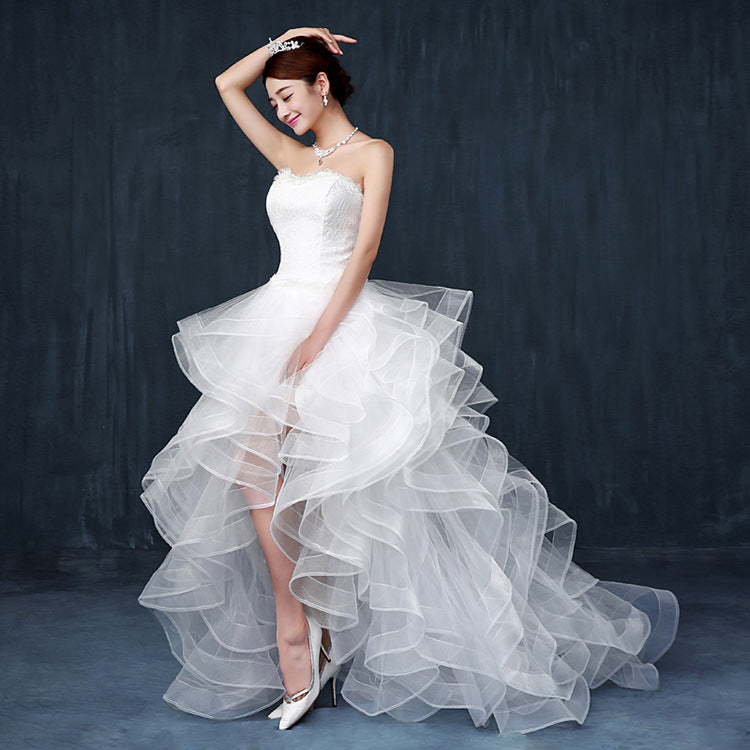 LOVECCR Short Front and Long Back Wedding Dress Bride Toasting Dress Long Trailing Double Shoulder Lace Korean Trailing Wedding Dress Wholesale