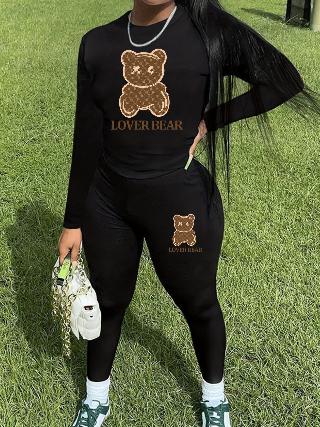 Chic Bear Print Two-Piece Set for Women - Comfortable Crew Neck Long Sleeve T-Shirt & Skinny Pants - Perfect for Casual Wear in Spring & Fall