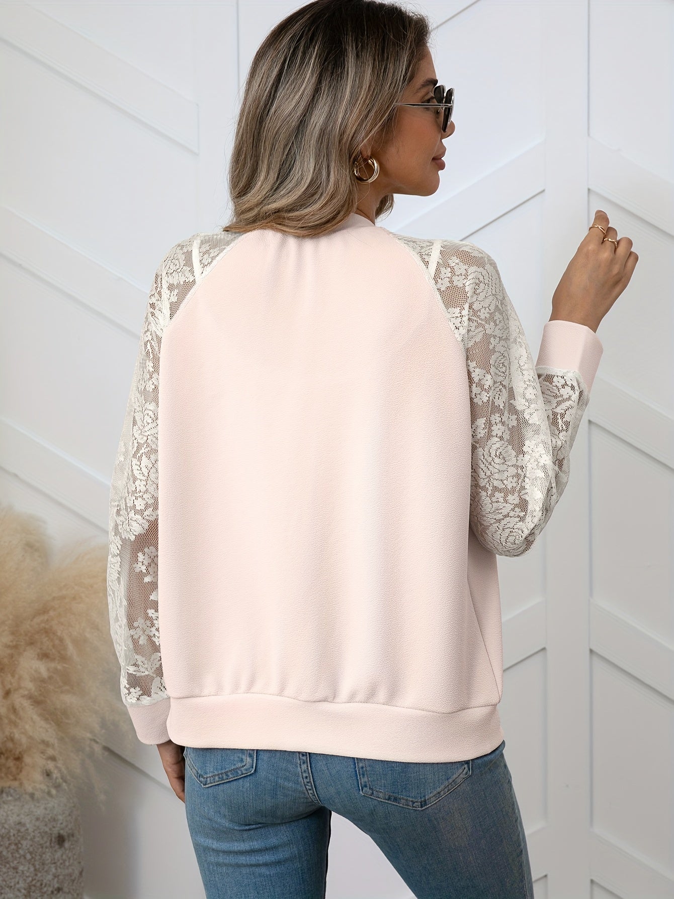Stylish Contrast Lace Zip-Up Jacket - Water-Resistant, Breathable, Elegant Baseball Outwear for Spring and Fall Seasons - Women's Fashion Clothing for Everyday Wear