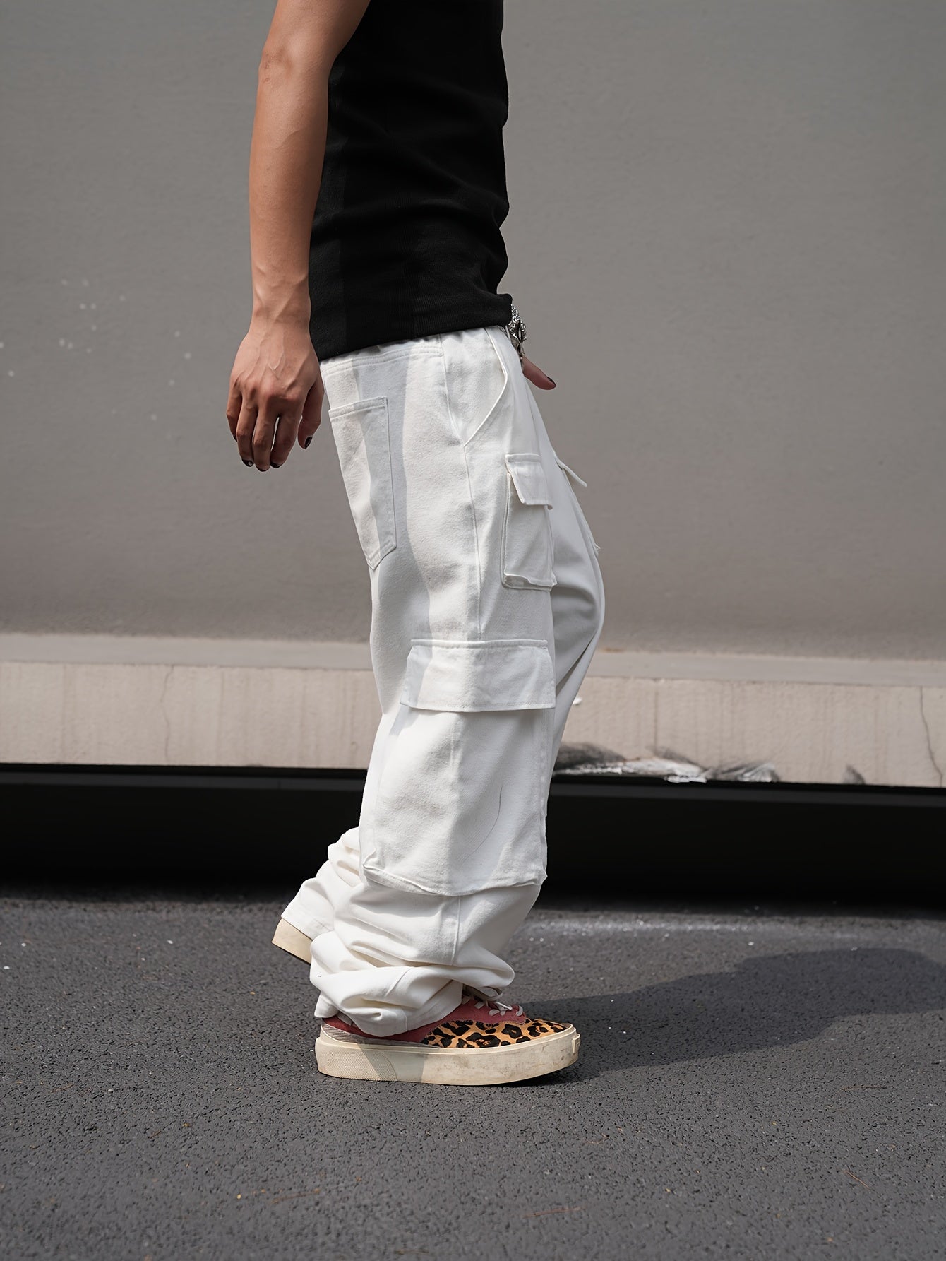 Men's Loose 100% Cotton Solid Denim Cargo Pants With Multi Pockets, Causal Jeans For Outdoor Activities