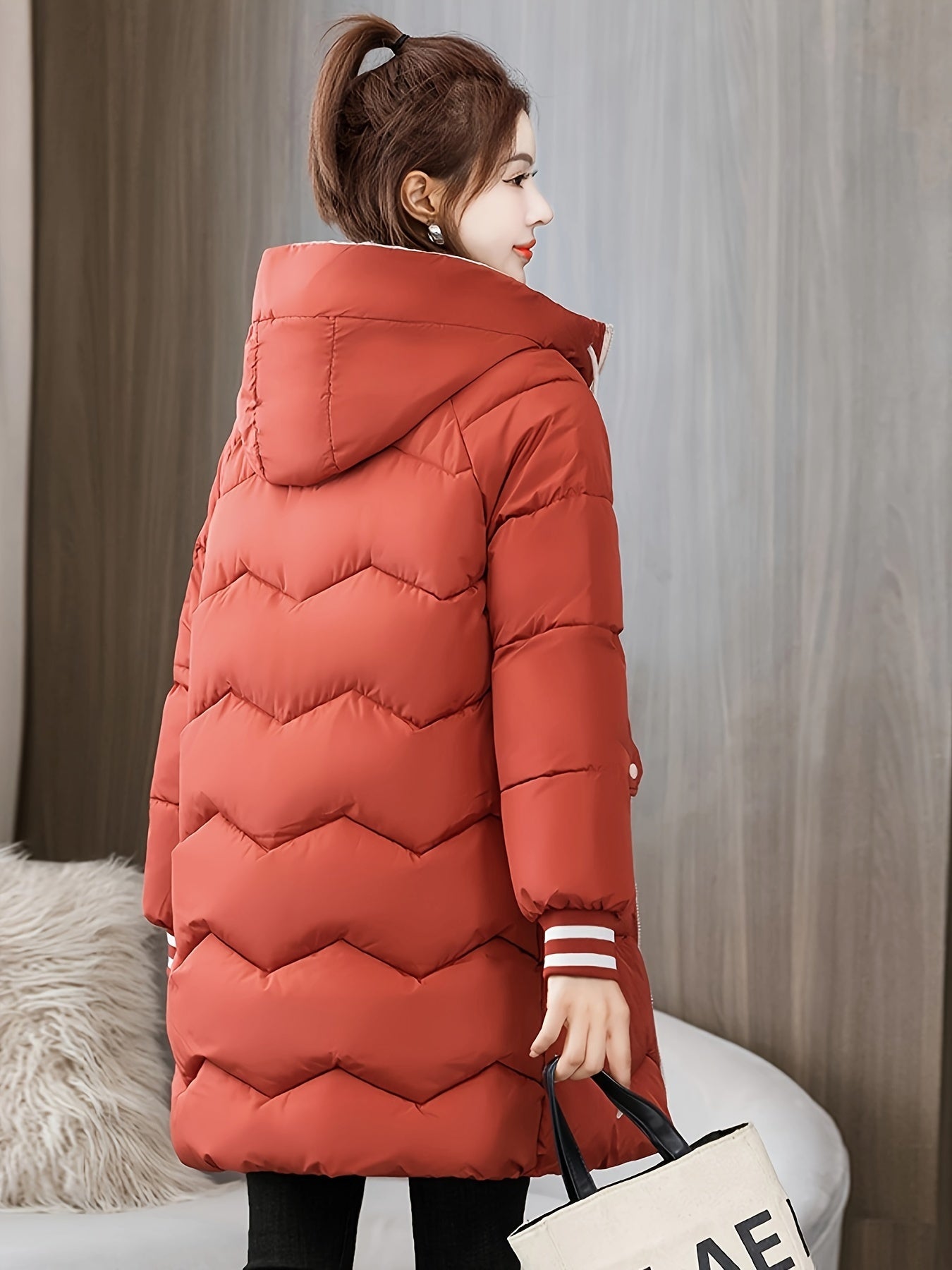 Midi Length Raglan Sleeve Hooded Jacket - Contrast Trim Zipper Front, Flap Pockets, Long Sleeve, Solid Color, Machine Washable, Casual Polyester Outerwear - Womens Clothing