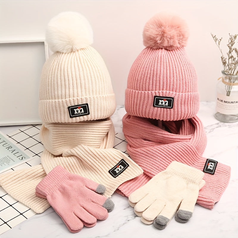 Winter Beanie Scarf Glove Set - 3 Piece Knitted Warm Accessories Kit, Elastic Polyester & Cotton Blend, Crafted Beanie with Pom Pom Detail, Cozy Knit Gloves - Unisex Cold Weather Gear