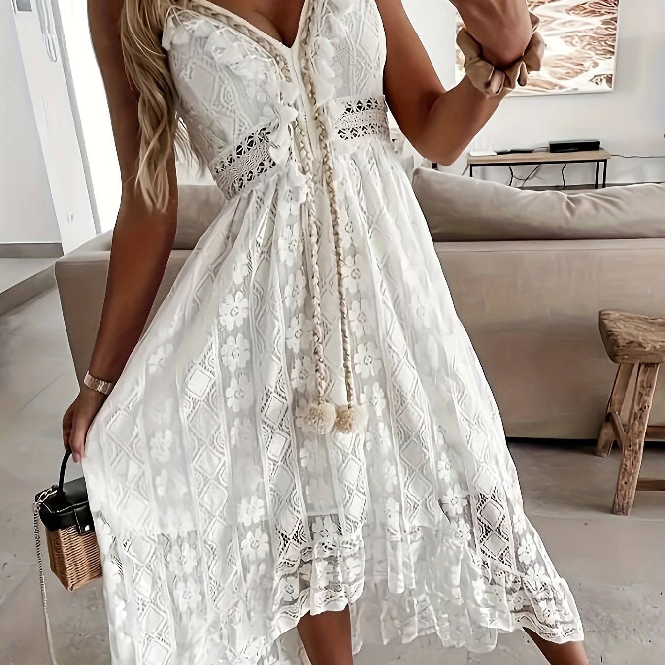 Chic Sleeveless Lace Cami Dress - Elegant Dipped Hem & Tassel Detail - Versatile for Evening & Casual Wear