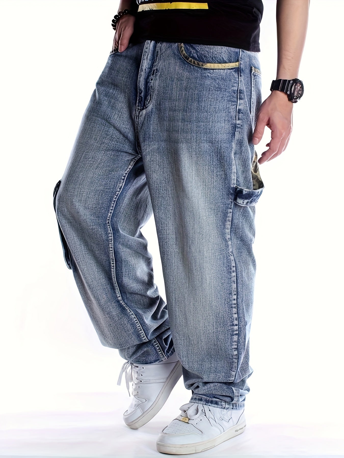 Plus Size Men's Fashionable Multi-Pocket Straight Leg Jeans - Stylish Street Dance and Skateboard Wear with Loose Fit, Round Neck, and Hip Hop Inspiration - Daily Wear for Casual Occasions
